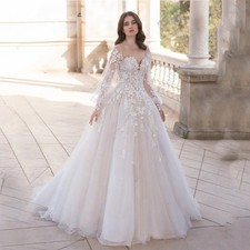 Princess Wedding Dresses long Sleeves Backless Bride Gowns Lace Applique A-Line