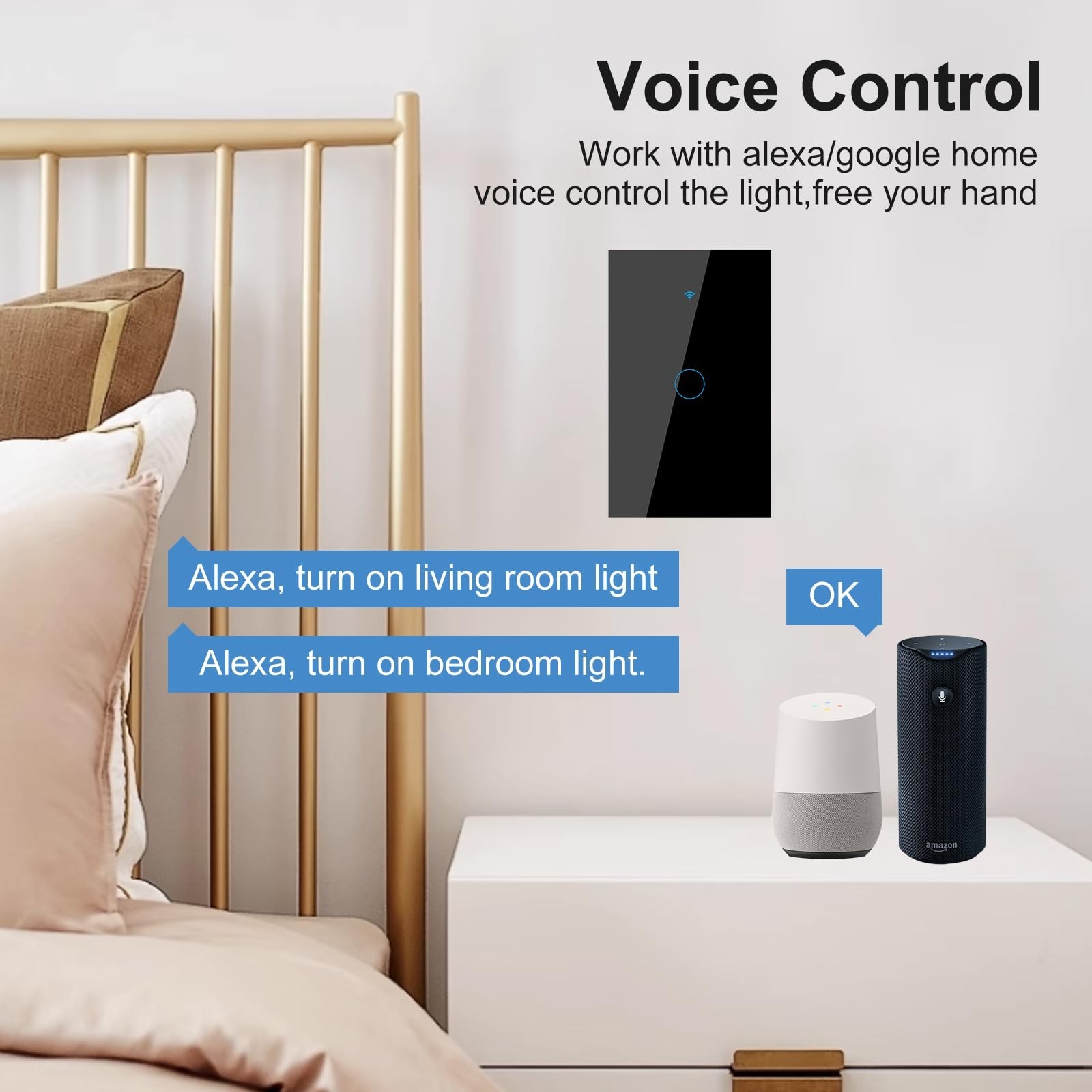 WiFi Smart Wall Light Switch,US Standard ，Voice Control ，Tempered