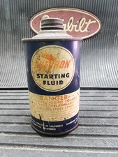 VINTAGE CHEVRON STARTING FLUID ADVERTISING TIN CAN GAS STATION GARAGE 