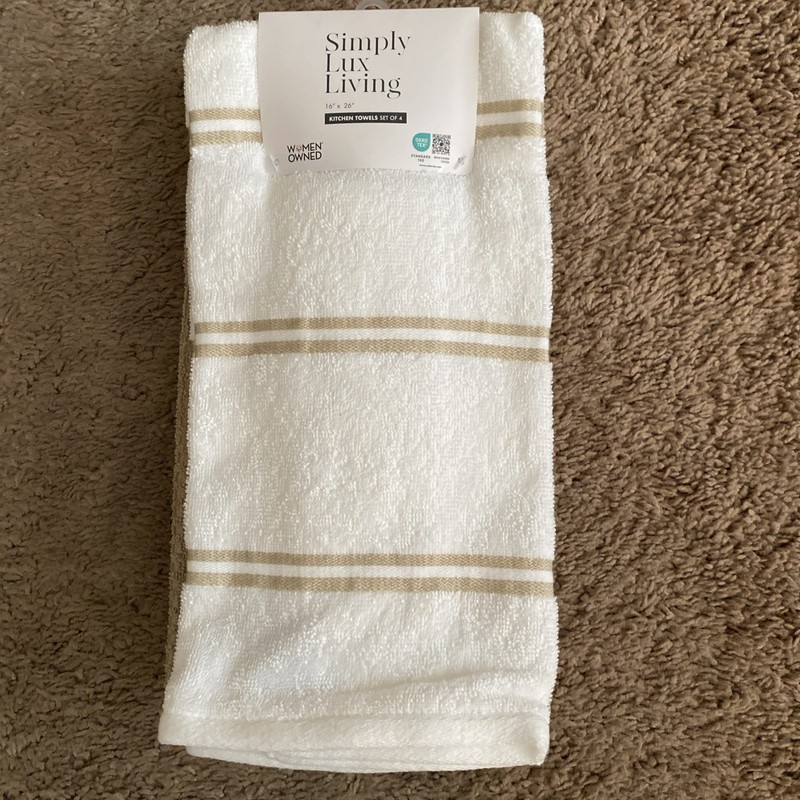 NEW-4-Pack Simply Lux Living 100% Cotton Kitchen Towels Tan & White