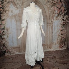 Antique Edwardian 1910s White Cotton Day Tea Dress Crochet Lace As is Maxi Gown