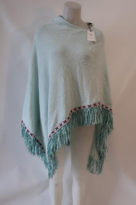 NWT Womens Regina Light Aqua Blue Beaded Fringed Cotton Knit Poncho M