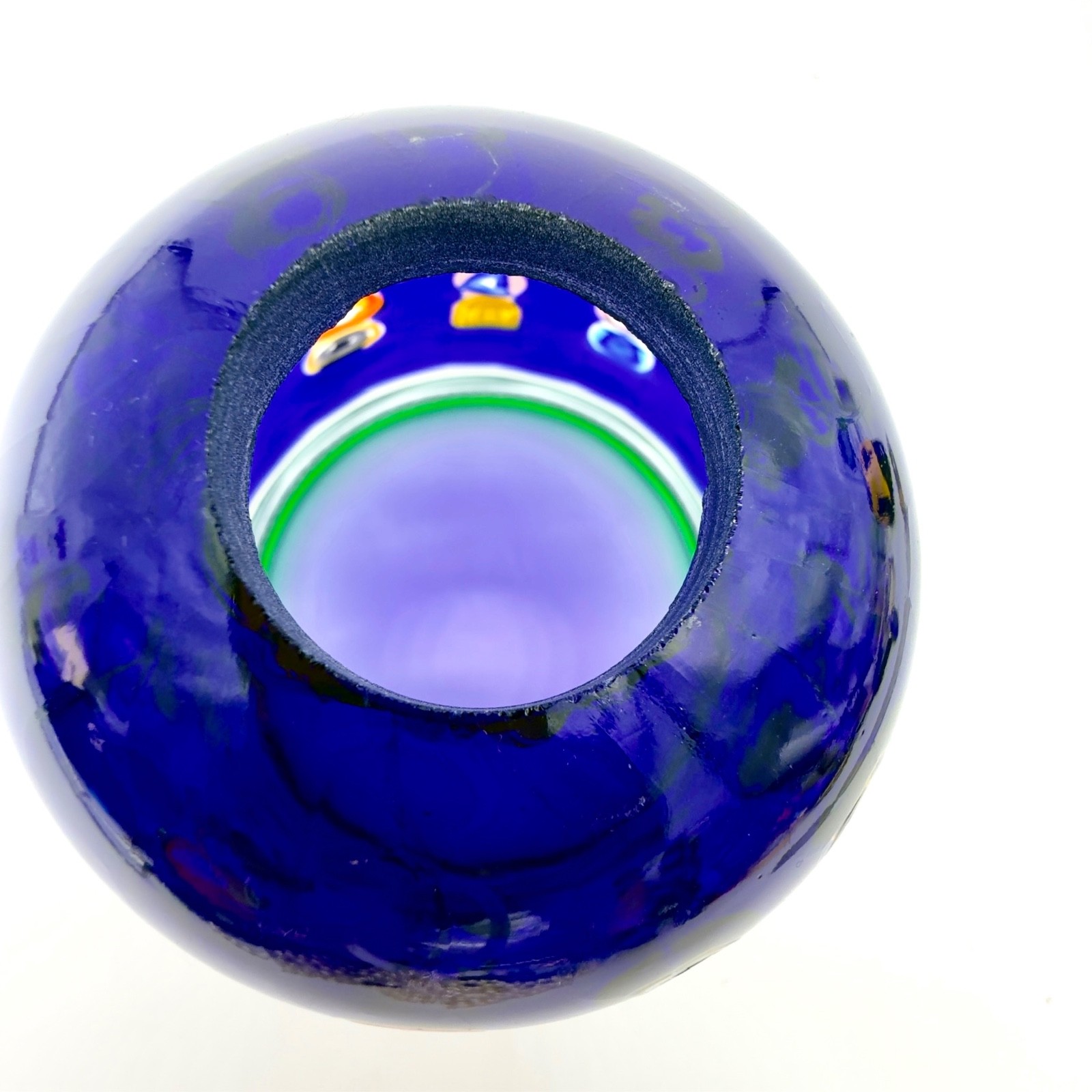 Murano Style Blue Murrine Millefiori Art Glass Pendant Lamp Shade Green Rim MCM