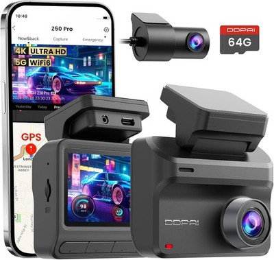 DDPAI Dash Cam Front and Rear, 4K+1080P Car On-Dash Mounted Cameras, Black 