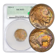 1934-D 5C Buffalo Nickel CAC Graded (CACG) AU53 - Lovely Dual Sided Toning
