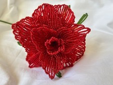 NEW Handmade French Beaded Flower Long Stem Red Rose Large Bud - Poseable