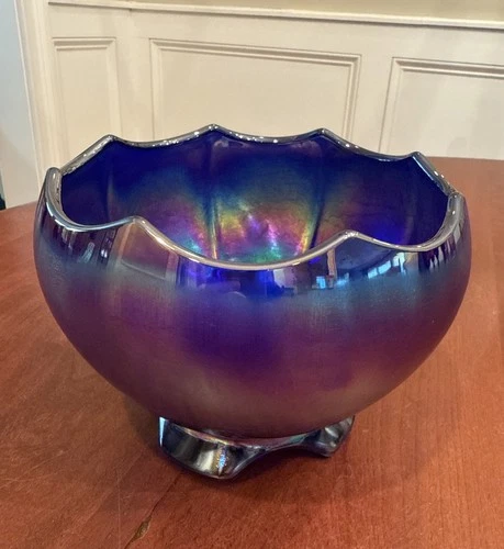 Imperial Glass Iridescent Cobalt Blue Carnival Footed Rose Bowl 6” By 4.25”