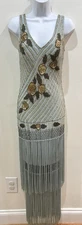 Vintage Cache Light Blue Silk Dress Sequins Beaded Long Tiered Tassels Size 6
