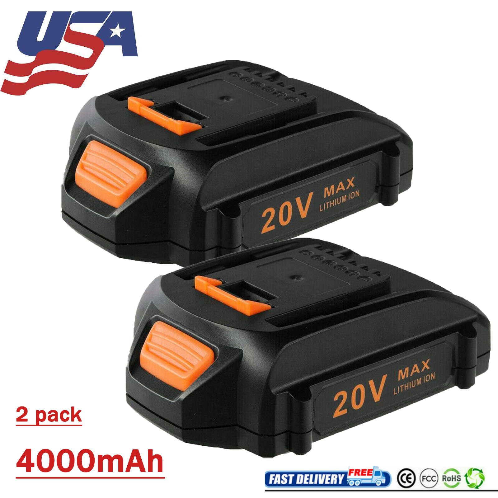2-Pack 4.0Ah 20V Max Lithium Battery for WORX WA3525 WA3520 Power Tools