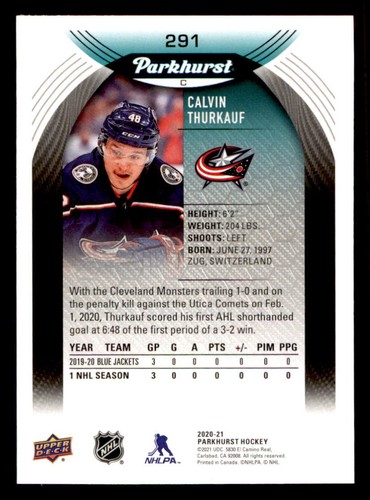 2020-21 Parkhurst #291 Calvin Thurkauf RC - Picture 2 of 2