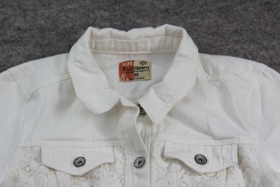Ruffhewn Jean Jacket Size M Medium White / Off White Button Up Denim Lace Coat - Image 3 of 4