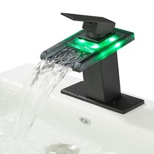 LED 3 Colors Bathroom Faucet Single Handle Waterfall Glass Spout Mixer Tap Black