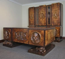 Antique Art Deco Italian 5 Piece Desk Credenza Bookcase Office Set