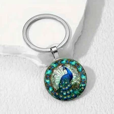 Gorgeous Peacock Round Glass Cabochon Keychain
