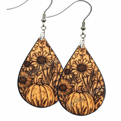 Autumn Sunflowers Pumpkins Bohemian Earrings NO TARNISHING Wood Fall Season Gift