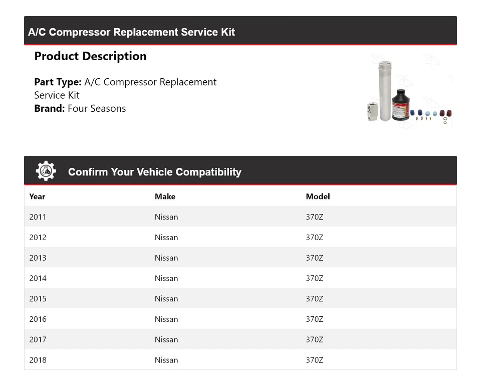 Kit de servicio de reemplazo de compresor de aire acondicionado Nissan 370Z 2011-2018 4 estaciones 2012 Foto 2 de 4
