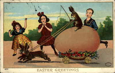 Easter Fantasy Rabbits Pulling Rabbit Egg Wagon c1910 Vintage Postcard