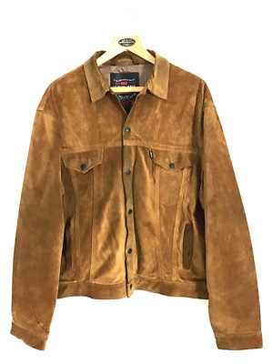 Vintage Levi's Black Tab Suede Leather Trucker Jacket - Size M (p2p 24'') - Tan