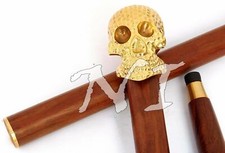 Vintage Brass Design Skull Handle Antique Style Wooden Walking Stick Shaft Cane
