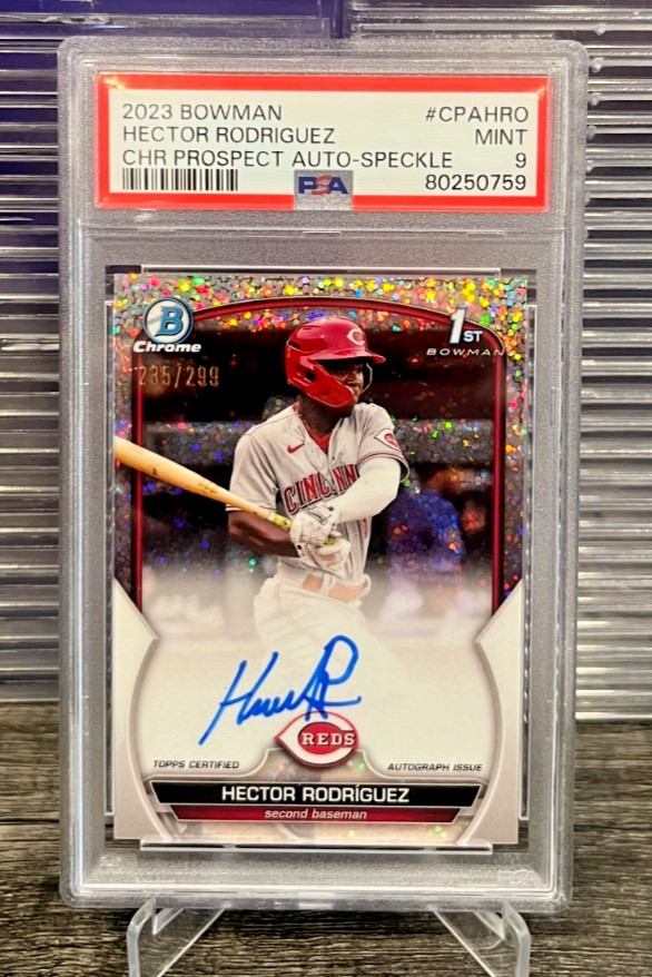 2023 Bowman Chrome Hector Rodriguez 1st Rookie Speckle Refractor Auto /299 PSA 9