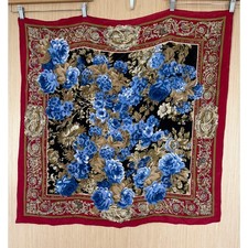 100 Silk Hand Rolled Hand Painted Floral Scarf Red Blue Tan 34"x34"