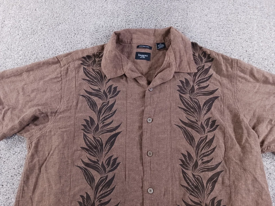 Haggar XXL Mens Short Sleeve Button Up Shirt Brown Linen Blend Floral - Image 2 of 4