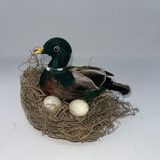 Vtg Handmade Real Feathers Mallard Duck In A Nest With Eggs Decor