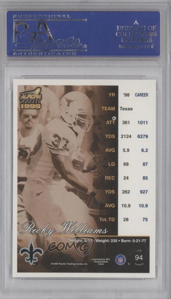 1999 Pacific Aurora Pinstripes Ricky Williams #94 PSA 9 MINT Rookie RC - Image 2 of 2