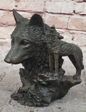 Art Deco Marble Bronze Sculpture Statue Wolf Head Bust Wild Life Garden Figurine