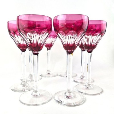 8 Signed Val Saint Lambert Cranberry Pink Cut to Clear Crystal Wine Glass Set