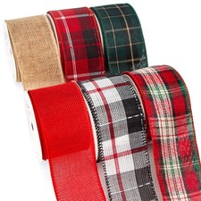 6 Rolls Christmas Wired Ribbon,Natural Red Burlap/Buffalo Plaid/Red and Green...