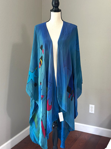 Natasha's Silks 100% Silk Blue Abstract Art Face Print Shawl Wrap Scarf