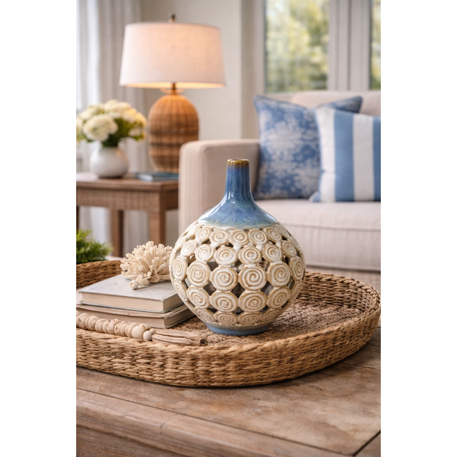 Pottery Vase Beige Blue Swirl Pattern with Lattice Cutout 10" High x 7" Wide
