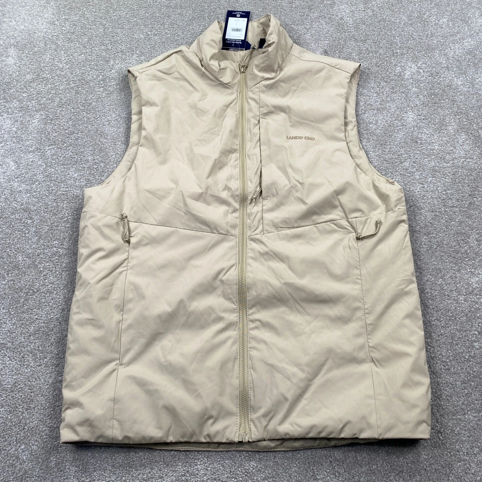 Lands End Mens Khaki Puffer Vest Full Zip Stand Collar Size S LM35OW416 NEW