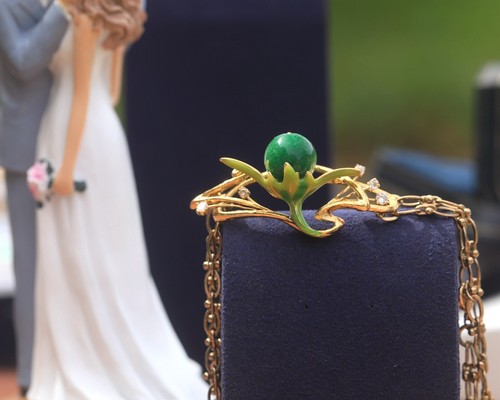 Collier Ras du Cou Bijoux Cheveux Fleur Email Vert Perle Jade Art Nouveau XZ16 - Foto 3 di 7