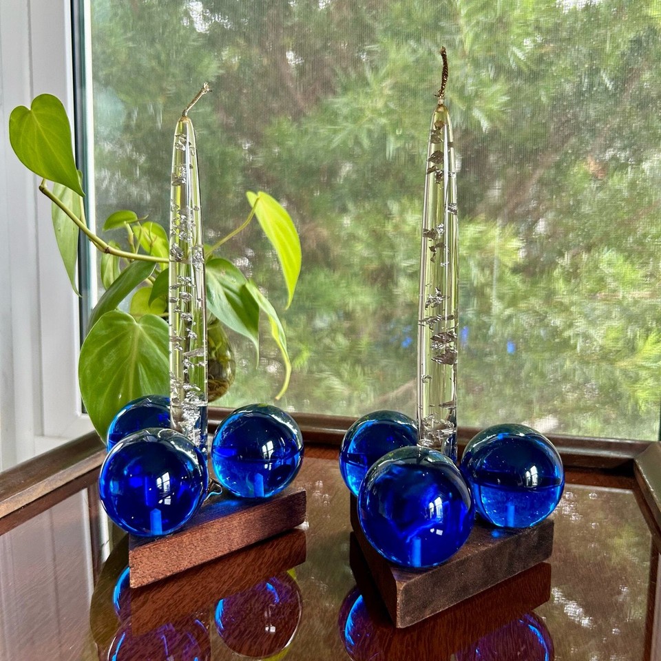 MCM Blue Lucite Grape Candle Holders with Silver Fleck Lucite Candles