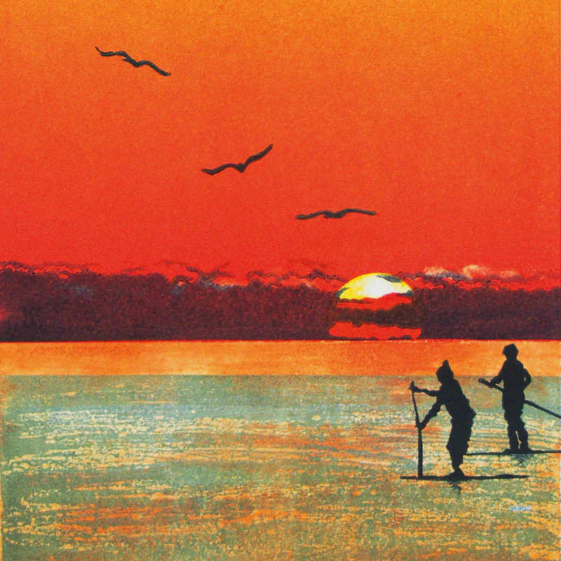 Into the Sunset - Art Blank Greeting / Birthday Card Red Sky Paddle Boarding Sea