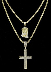 Authentic 14k Gold Plated 2 pc Jesus & Cross 20" 24" Rope Chain Set Icy Cubic Zirconia