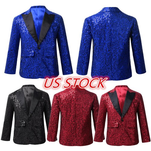Boys Shiny Sequins Lapel One Button Suit Wedding Banquet Party Jacket Coat