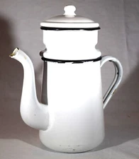 Antique Biggin White Enamel Cajun French Drip Coffee Pot 8" Tall, 2 cups