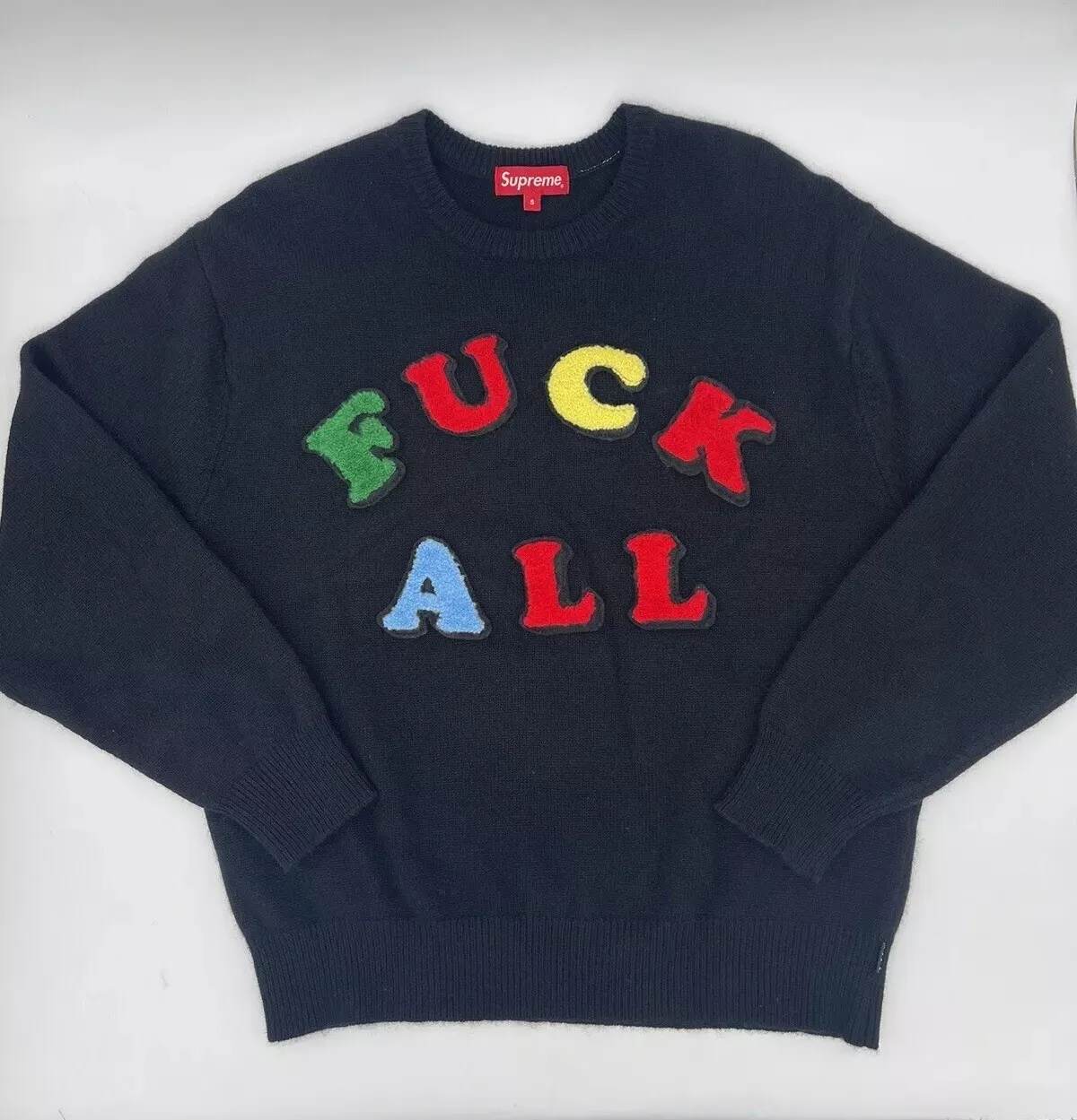 RARE pull Supreme Jamie Reid Fuckk tout mérinos laine brodé imprimé 3D noir