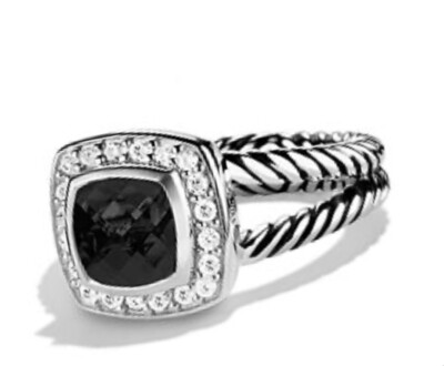 David Yurman Sterling Silver 925 Onyx & Diamond Albion Ring Size 6.25