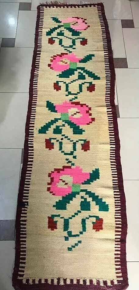 Antique Albanian traditional carpet kilim wool beige multicolor rug-198cm x 54cm