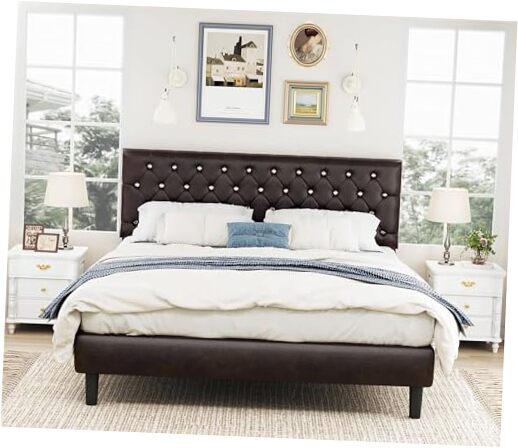 Bed Frame Modern: Minimalist With Diamond Headboard- Upholstered Queen Brown-image