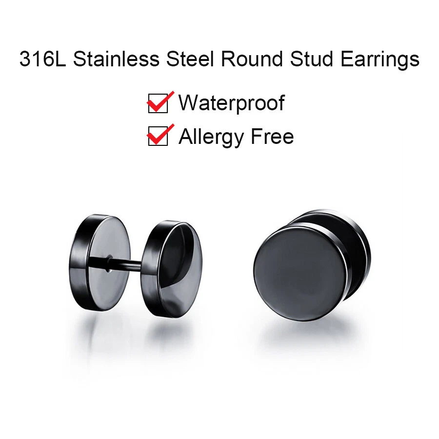 Pair Black Flat Round Barbell Plug Stud Earrings GYM MENS Stainless Steel 3-14MM - image 3 of 4