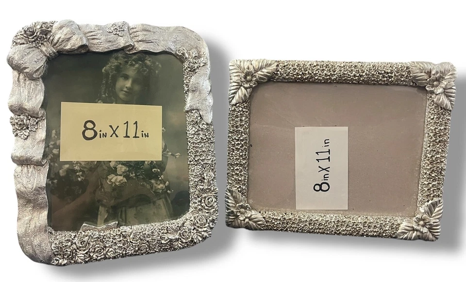 Ornate Silver Leafed Pair of Frames 3D Flowers, Bows, Swag Vintage 80's - Image 2 of 4