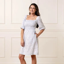 Hope & Henry Smocked Bubble Sleeve Organic Cotton Dress Sz 8 Blue Floral Lined