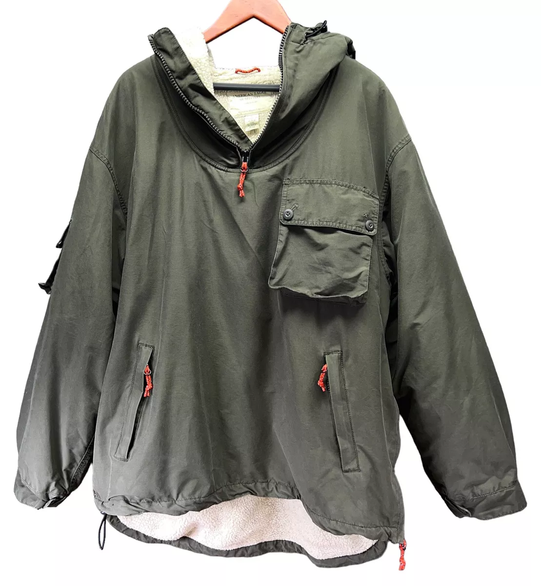 AMERICAN EAGLE Pullover Jacket Sherpa Lined 1 4 Zip Hoodie Army Green