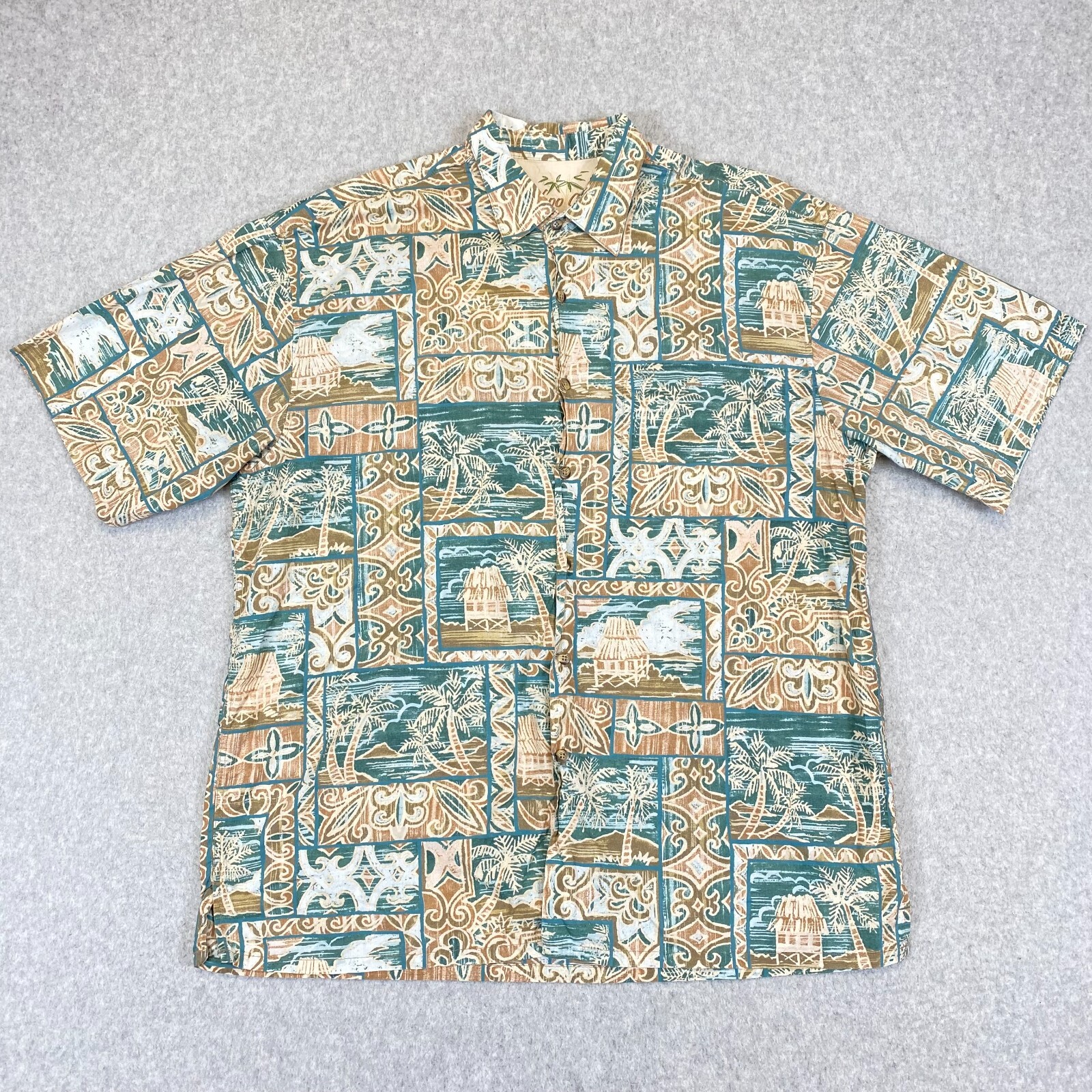 Bamboo Cay Shirt Men Large Blue Beige Print Short Sleeve Classic Relax Button Up