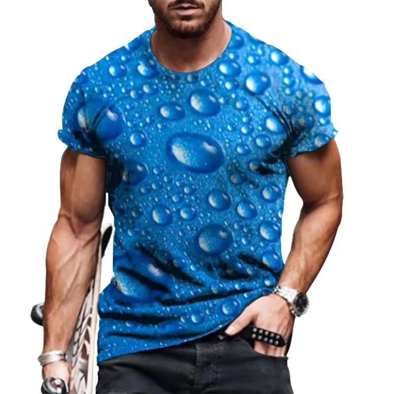 Mens T-Shirt Fashion 3D Blue Water Drops Graphic T Shirts Short Sleeve Party Tee
